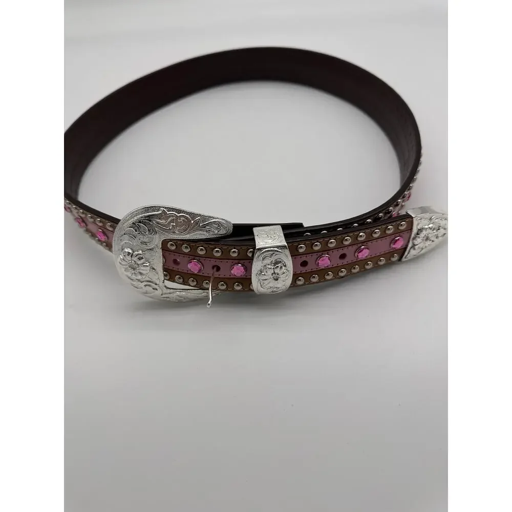 Western brown leather‎ pink rhinestone with silver buckle Sz36